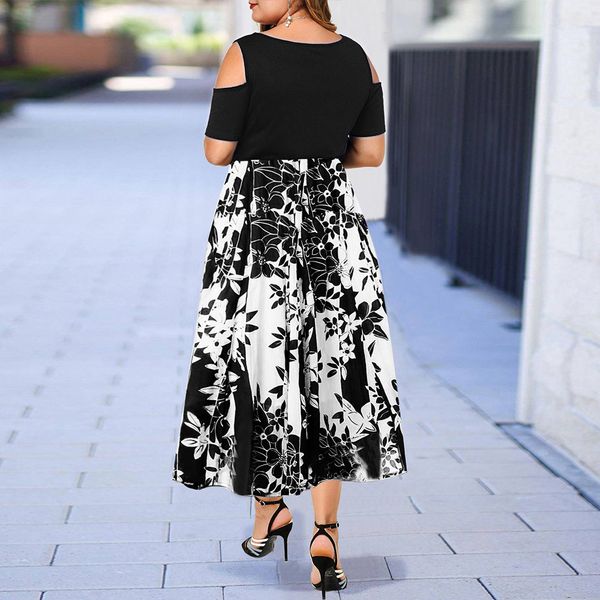 

icclek s-7xl evening party plus size maxi dress women short sleeve floral printed elegant large dress for ladies vestidos summer y0118, Black;gray