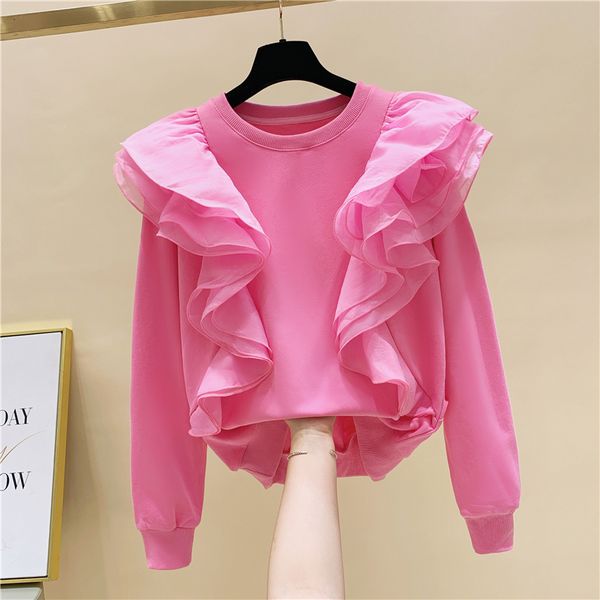 Novo design feminino cor rosa cor o-gola longa manga longa gaze babados