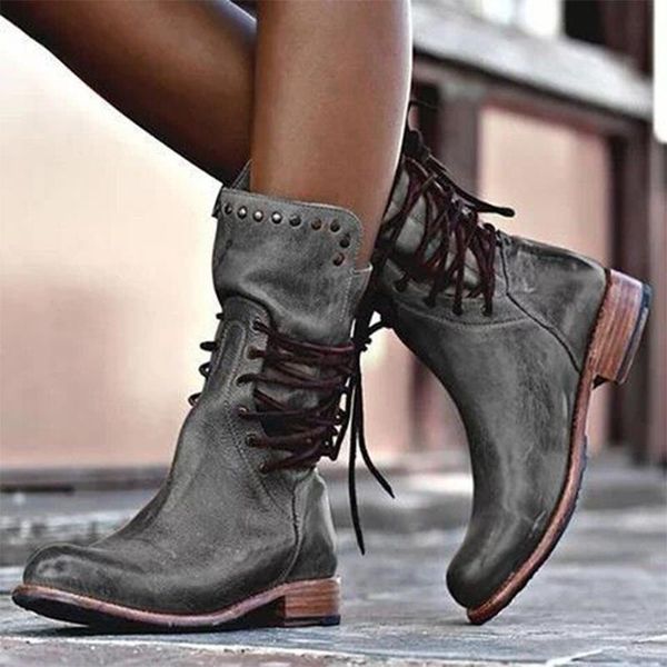 

women winter boots retro shoes leather boots vintage rivets round toe lace-up mid-calf zapatos plus size 2020 new, Black