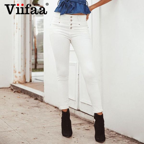 

viifaa white solid button up stretchy skinny denim jeans women spring mid waist push up streetwear slim fitted pencil jeans, Blue
