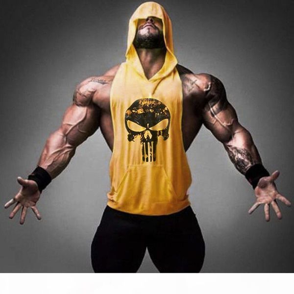 

2020ss men bodybuilding cotton tank gyms fitness hooded vest sleeveless shirt male summer casual fashion print workout mens clothing, White;black