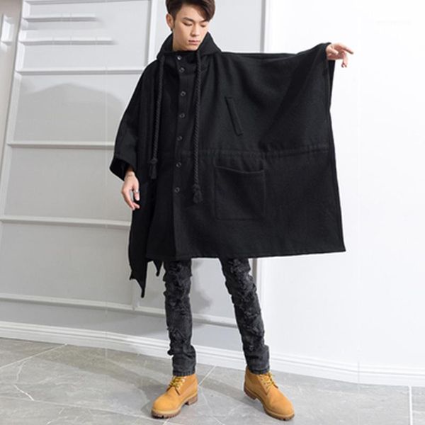 

men's wool & blends m-4xl cloak jacket men's autumn and winter woolen sleeveless shawl boys black hooded single-breasted coat engl