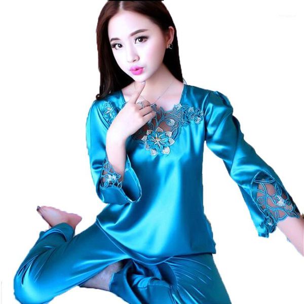 

silk pajamas for women satin pajama sets lace embroidered long sleeve +pants two-pieces sleepwear nightwear pyjama femme xxl1, Black;red