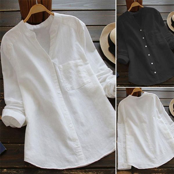 

womens shirts solid cotton linen casual solid long sleeve women blouse button down korean clothes streetwear, White