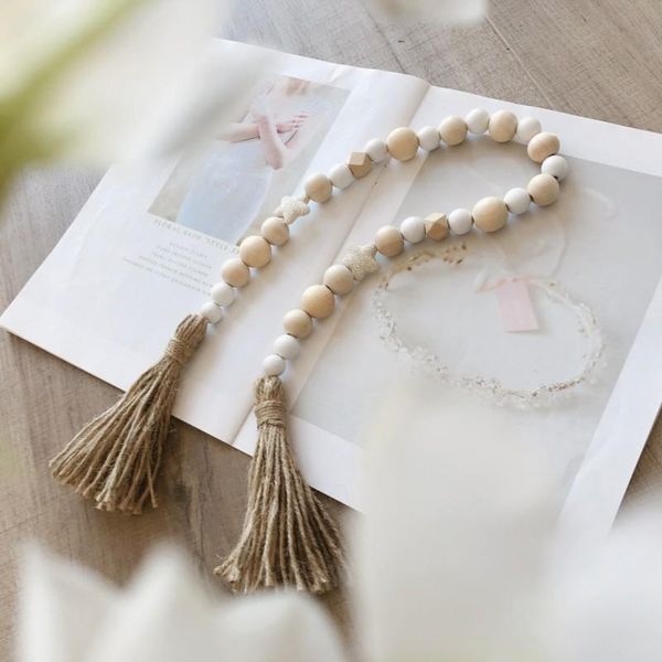 

ins wall hanging decor wood bead garland with star volcanic rock tassel pendant farmhouse rustic boho home decorations new