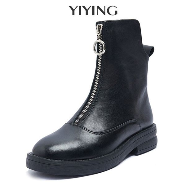 

ankle genuine leather for 2020 autumn new women flat british style woman front zipper short boots female c1011, Black;white
