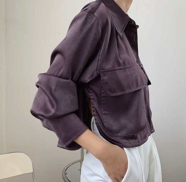 

spring new fashion light sensitive satin lapel pocket high waist short loose thin versatile shirt, White