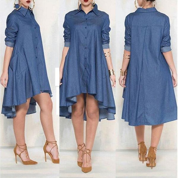

women casual loose long sleeve denim jeans blouse shirts sundress short mini vestido cocktail party clubwear outfits shirts top, White
