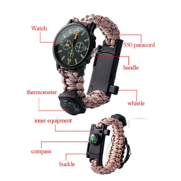 

men sports watch military paracord strap compass adventure waterproof survival essential men bracelet with thermometer, Golden;silver