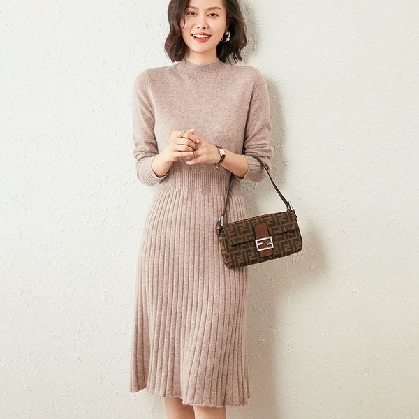 

2021 ladies in 100% pure cashmere knitting goat dressed new senior fashion 6 oneck female dress w88m, Black;gray