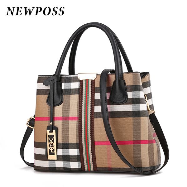 

casual new shoulder leather messenger crossbody fashion newposs handbags stitching female brand totes bag bags women plaid wild adhct, Red;black
