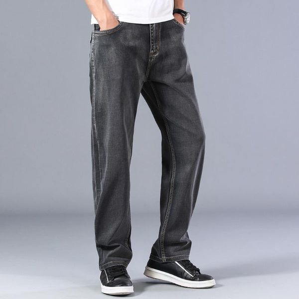 

spring summer men's straight-leg thin jeans 2021 new business fashion dark gray advanced stretch denim pants male brand trousers, Blue