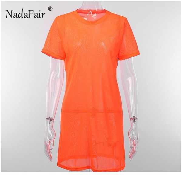 

nadafair casual t-shirt mesh dress women orange neon loose summer mini dress 2019 short sleeve straight beach dresse sqcvim, White