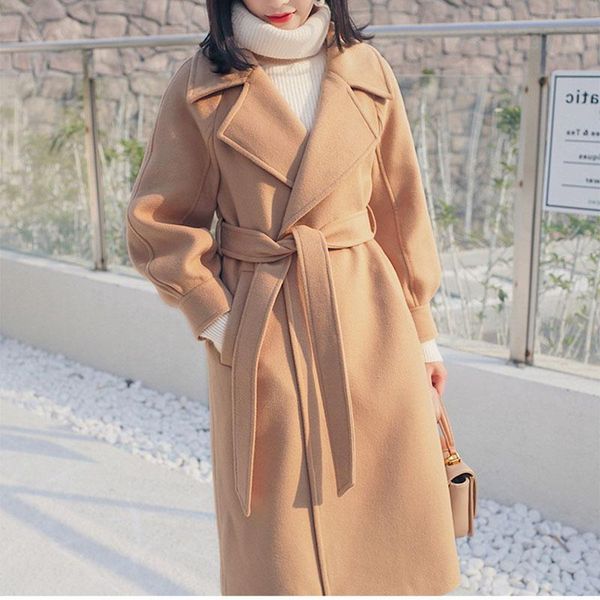 

winter woolen coat female wool jacket coats women loose warm with belt lantern sleeves ladies office work wear elegant overcoat, Black