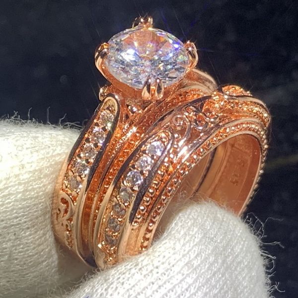 

Vintage Fashion Jewelry 925 Sterling Silver&Rose Gold Fill Round Cut Clear White Topaz CZ Diamond Gemstones Women Wedding Bridal Ring Set