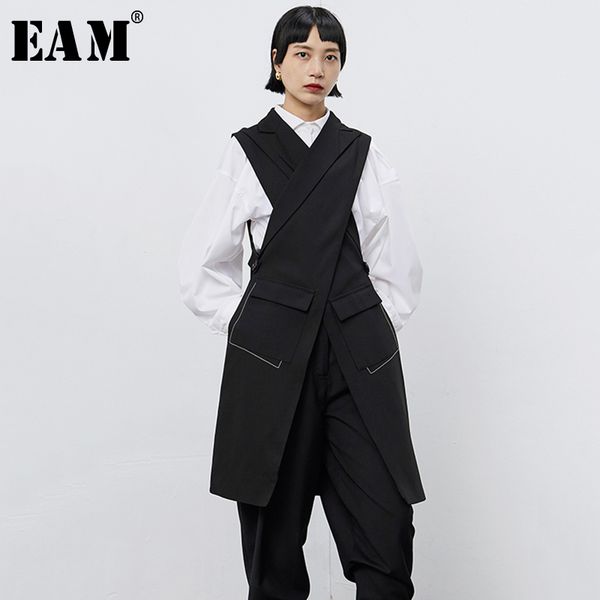 

eam] women black cross split joint long asymmetrical loose fit vest new v-collar sleeveless fashion spring autumn 2020 1b677 1023, Black;white