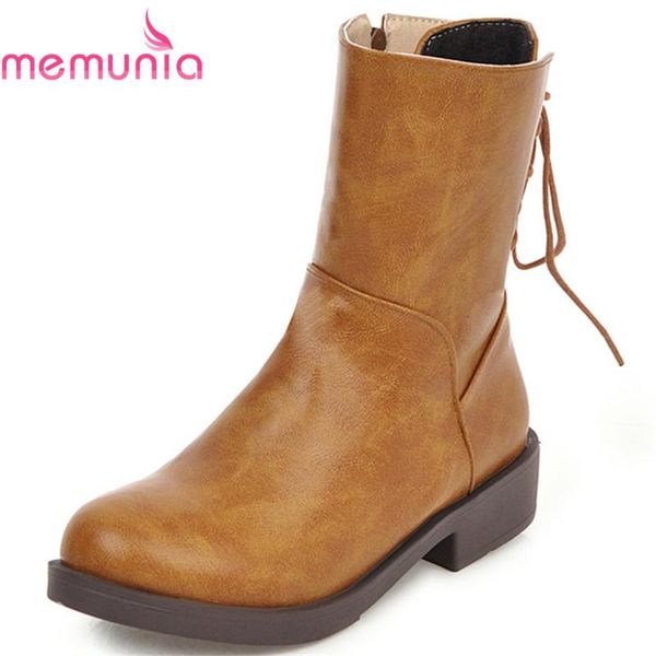 

boots memunia 2021 arrival women ankle cross tied zipper low heels casual shoes simple fashion autumn winter woman, Black