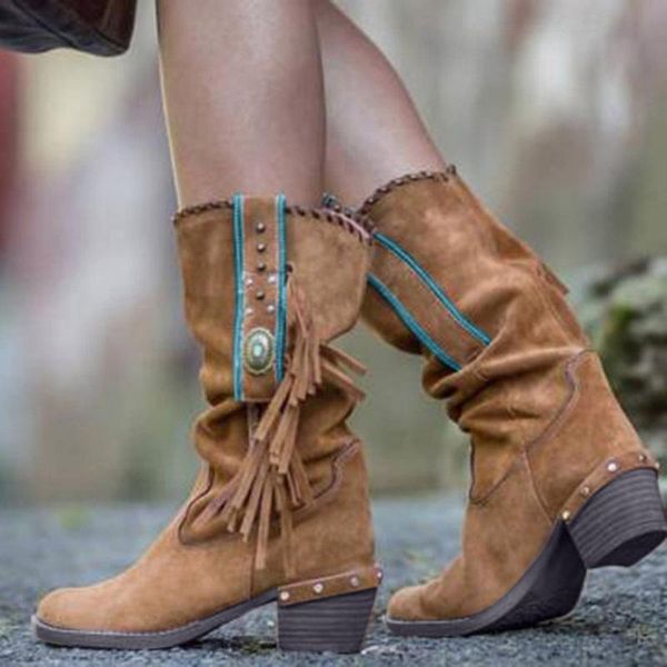 

boots retro women's ladies pu leather fringed square heels tassel boots casual flock shoes mujer invierno 2020, Black