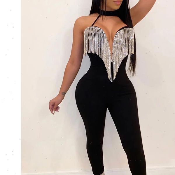 

women jumpsuit romper long sleeve pants playsuit clubwear sleeveless shinny rhinestone rompers trousers backless drop shipping, Black;white