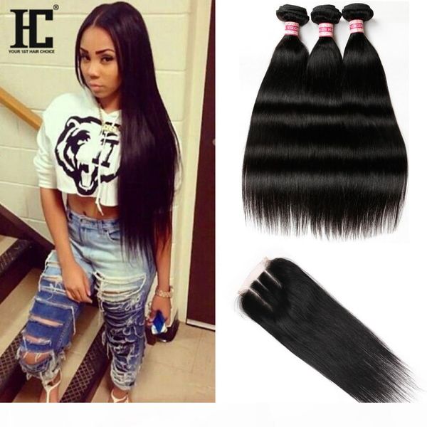 

8a mink brazilian straight hair bundles with lace closure unprocessed brazilian virgin hair straight with lace closure human hair extensions, Black