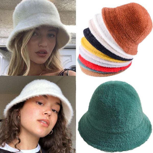 

wide brim hats fashion winter hat for women fur bucket warm caps dome panama black white vintage fisherman 2021 cap, Blue;gray