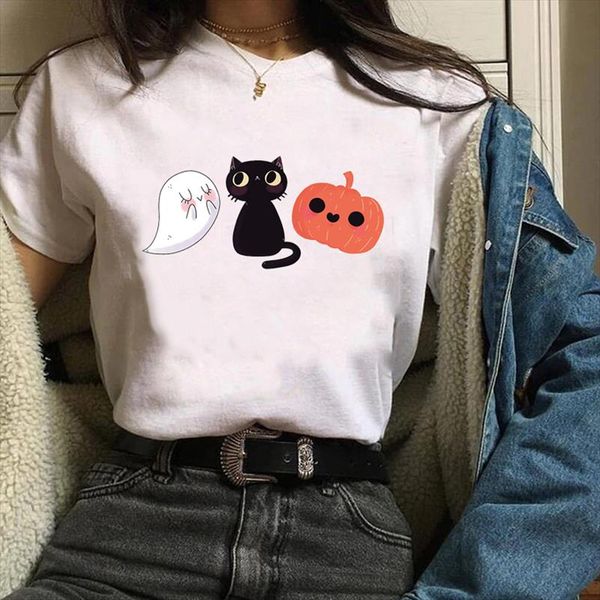 

women print clothes graphic cartoon pumpkin 90s trend style fall autumn halloween lady tees female t shirt womens t shirt, White