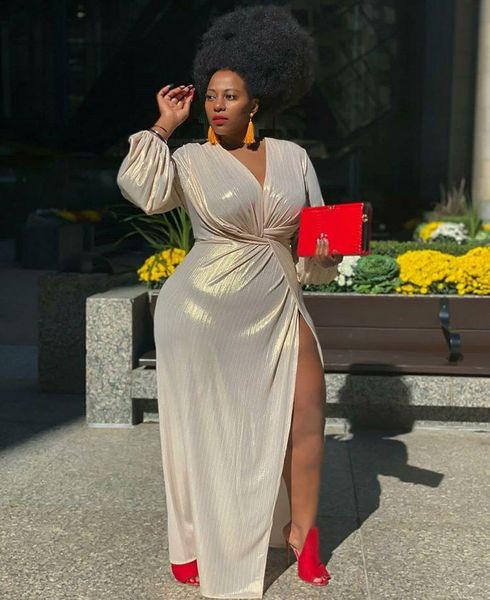 

casual dresses long luxury 2021 women deep v neck lantern sleeve plus size 4xl banquet evening party club split, Black;gray