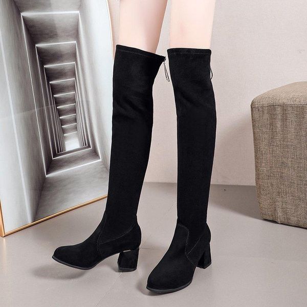 

boots black over the knee high heels women shoes suede thigh winter long 2021 botas mujer