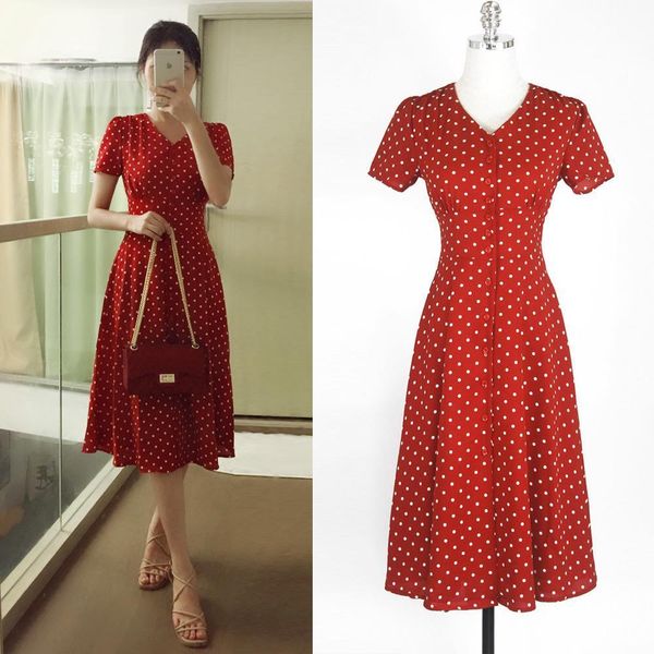 

2021 new summer red dress elegant fashion korean style temperament lady polka dot cute a line vintage v neck shirt dress, Black;gray