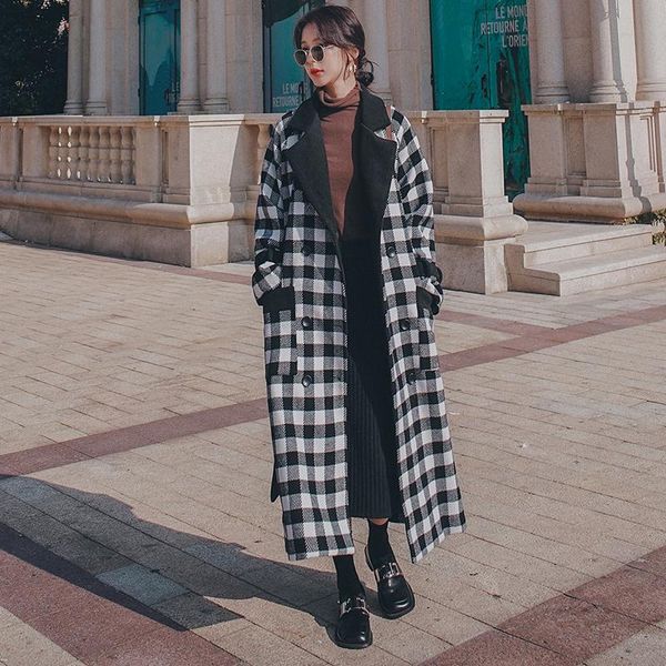 

women's wool coat 2020 winter new loose long lapel black white plaid thick double breasted fashion warm woolen jacket female 1h