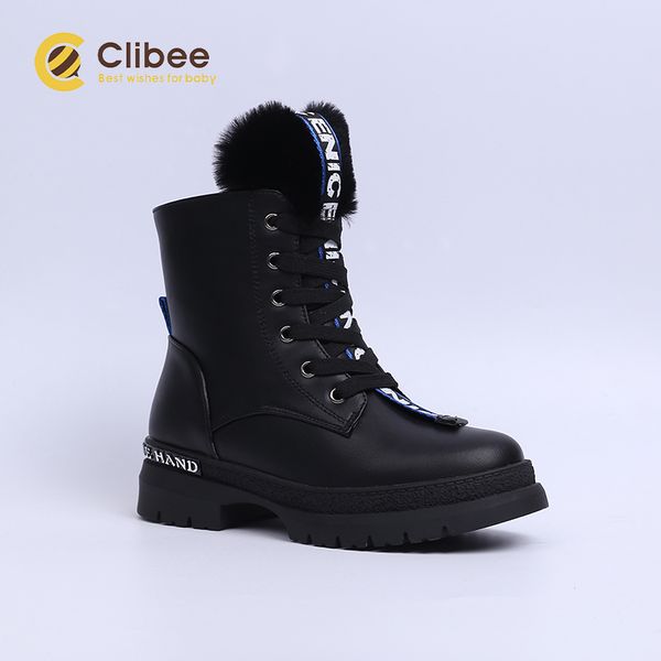 

clibee girls warm winter snow boots kids pu leather mid-calf martin boots with woolen lining thicken shoes children walking boot 201021, Black