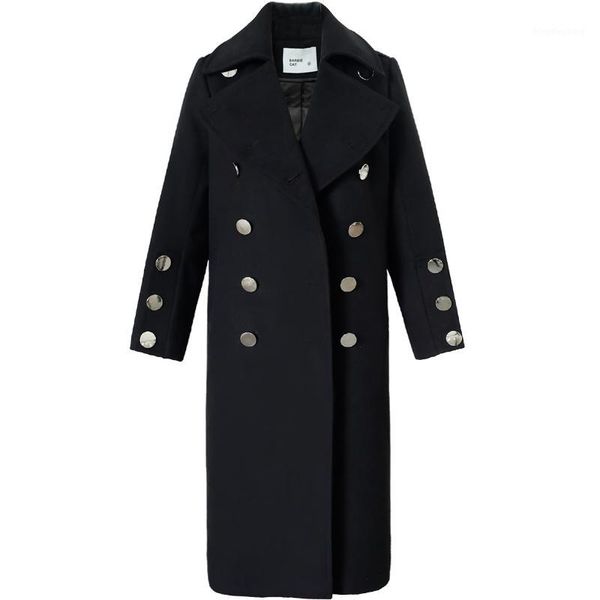

winter thick female coat personality double breasted lapel fashion long black women wool blends1