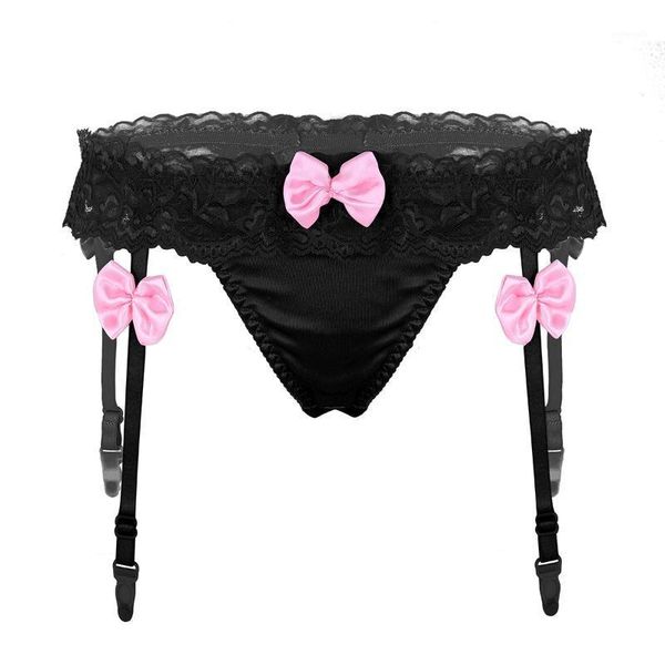 

women lace g-string garter womens low rise ruffled lace hem bowknot g-string bikini briefs underwear with garters lingerie1, Black;pink