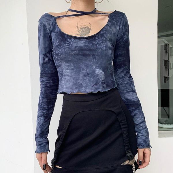 

women's lace-up hanging neck tie-dye t-shirt women's long-sleeved bottoming slimming navel retro round neck women, White