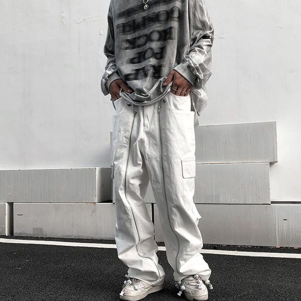 

uncledonjm zipper design stitching multi-pockets bib overall men's hip-hop moto & biker full length trousers t2-b101, Black