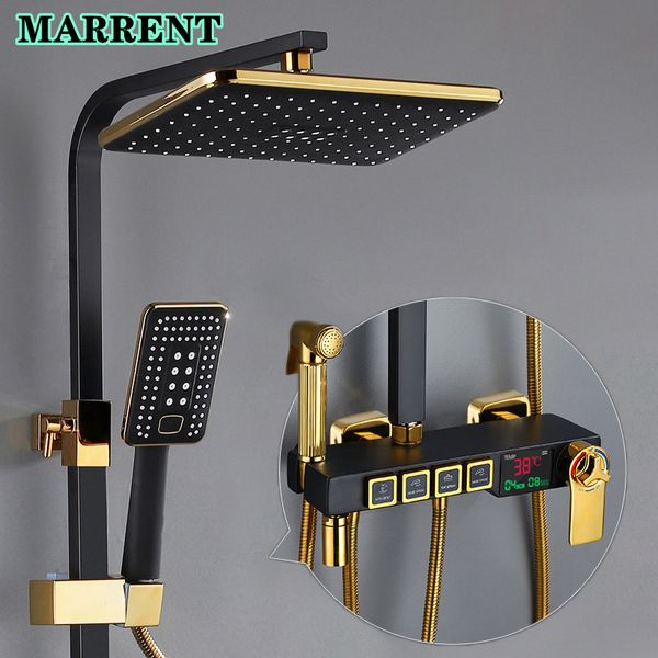 

newly thermostatic bathroom shower system faucet quality brass bathtub mixer tap wall mounted black gold digital bath shower set
