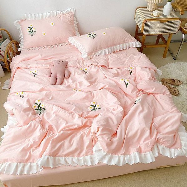 

summer quilt flower embroidered washed cotton throw blanket soft bedspread pink cute comforter bed cover 3pcs for girls1