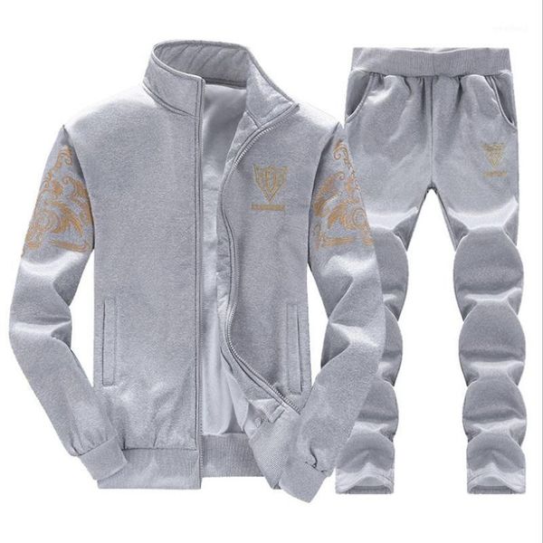 

men set spring autumn sportswear 2 piece set sportingtrack suits jacket+pant sweatsuit male hooded tracksuit sportswear fitness1, Gray