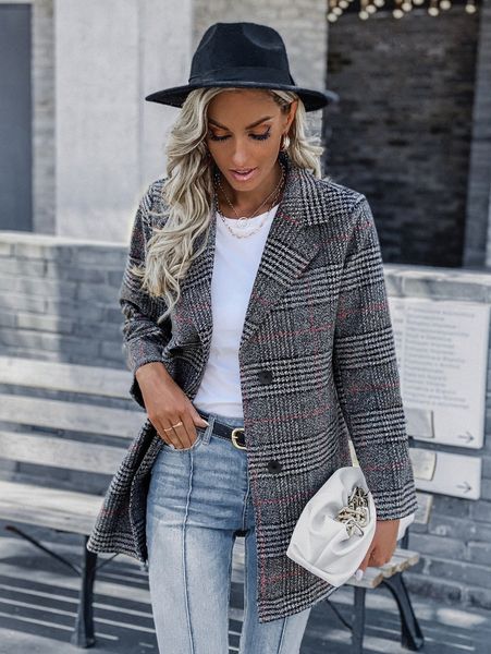 

plaid print double breasted lapel collar overcoat c2jm#, Black