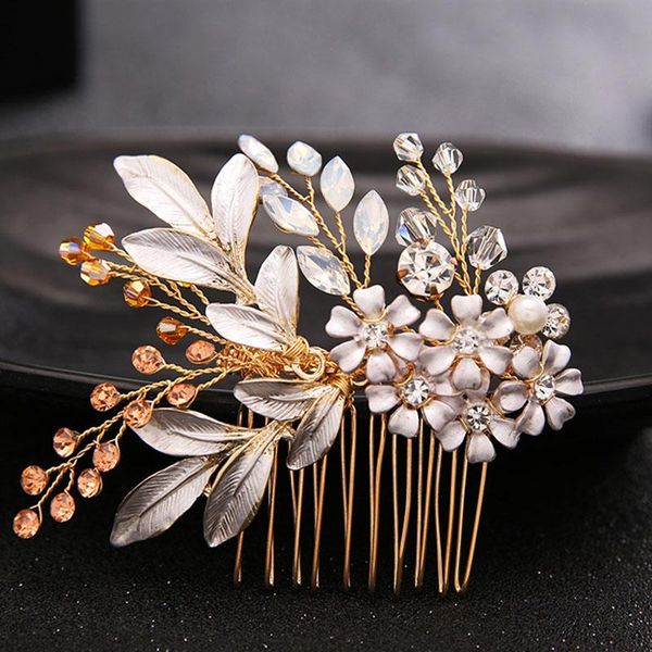

forseven gold / silver color flower peast crystal hair combs chainpins bride noiva свадебные волосы ювелирные изделия аксессуары, Golden;silver