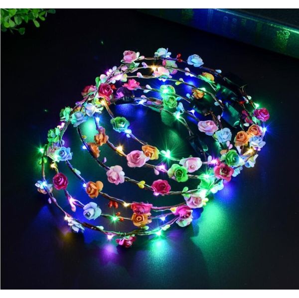 Lampeggiante Led Fasce per capelli Stringhe Scrunchie Glow Flower Crown Fasce Light Party Rave Floral Hair Garland Luminoso Mano Decorativo Bp7St