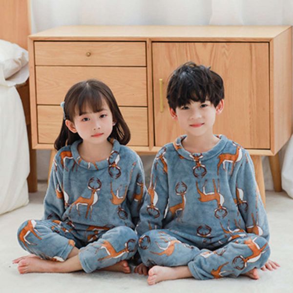 

sided children's double pajamas flannel warm winter middle school boys and girls cartoon coral veet home suit two piece set kvdd, Blue;red