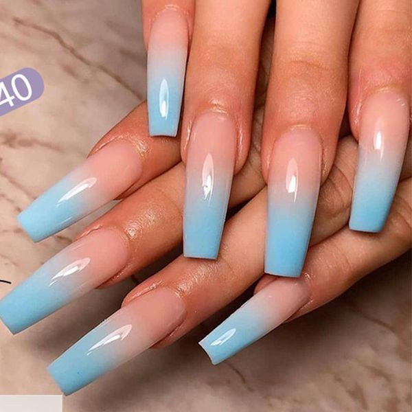 

false nails 24pcs/set extra long fake square head blue gradient ballerina nail decal art artificial full cover tips, Red;gold