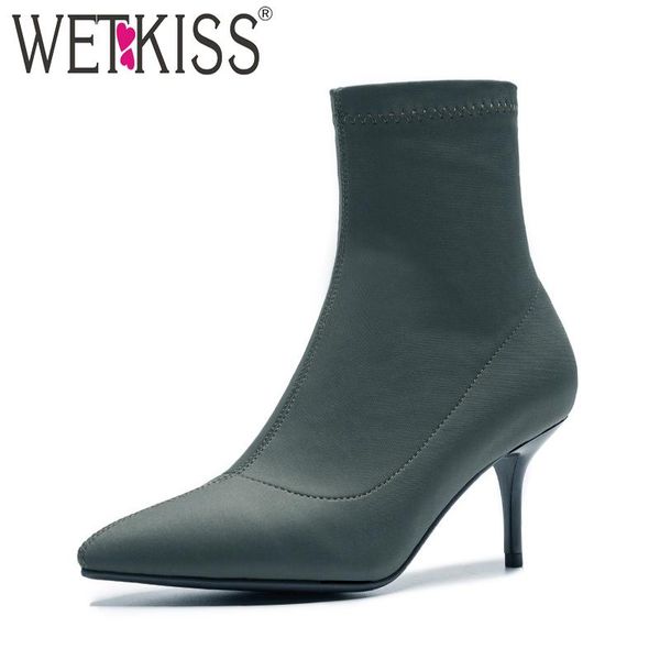 

boots wetkiss satin stiletto heels woman ankle pointed toe footwear fashion party autumn 2021 stretch female shoes, Black