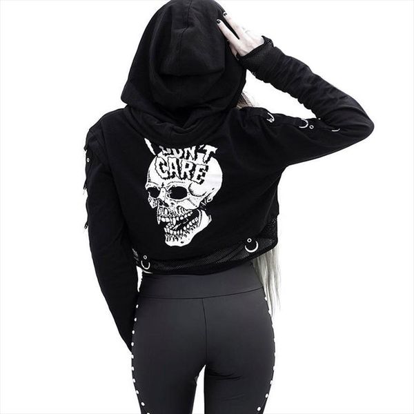 

gothic skull print mesh hoodie women bf punk style goth hip hop hooded short black hoodies long sleeve sweatshirt