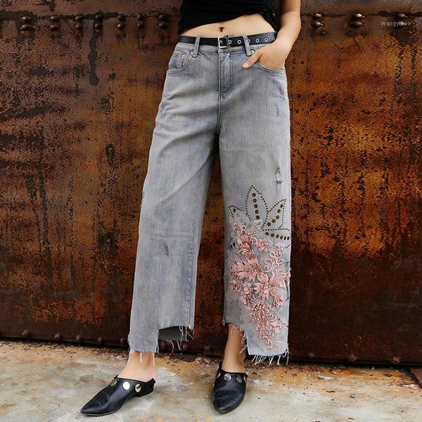 

wide leg ankle-length jeans feminine new spring summer embroidery beading hole straight pants large size women denim trousers1, Blue