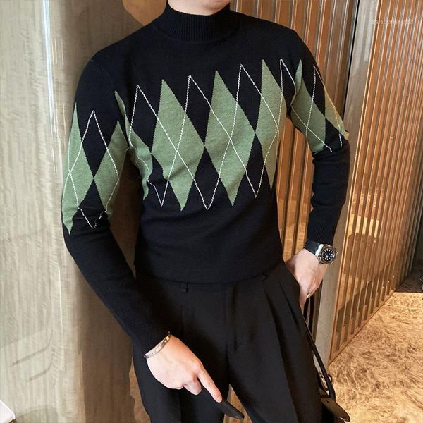 

men's sweaters black green korean knitted slim sweater men's turtleneck 2021 casual diamond lattice fashion heren pull homme1, White;black