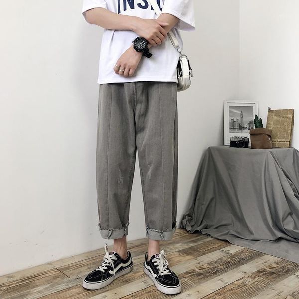 

men's jeans nice summer thin section leisure youth campus wind harajuku wash straight men solid color loose nine points jeans1, Blue