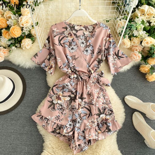 WOHERB Kısa Kollu Çiçek Kadın Tulumlar Yaz Plaj Geniş Bacak Tulum Moda Kore Playsuits Bohemian Baskı Kayışı Tulum T200704