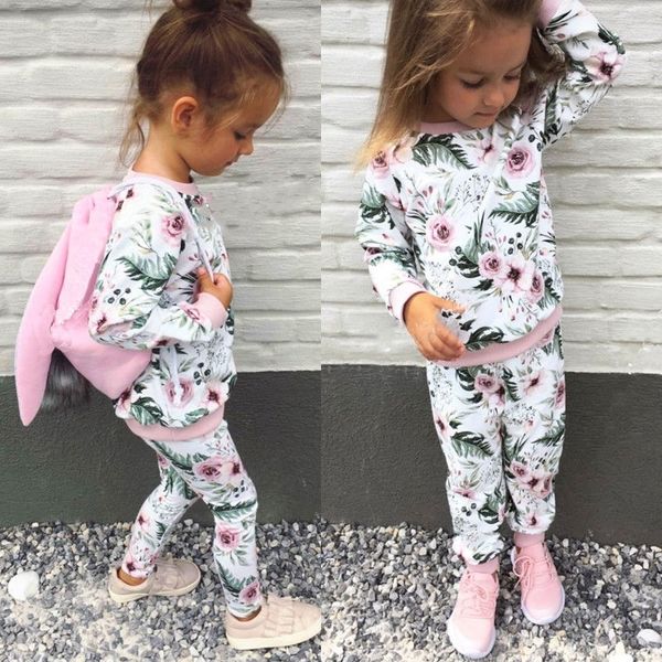 

fashion toddler kids baby girl clothing set flower long sleeve t-shirt+pants tracksuit 2pcs outfits baby girl autumn clothes y200525, White
